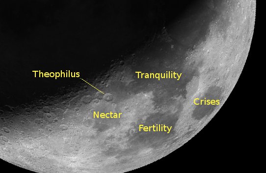 Young moon with the crater Theophilus and four seas.