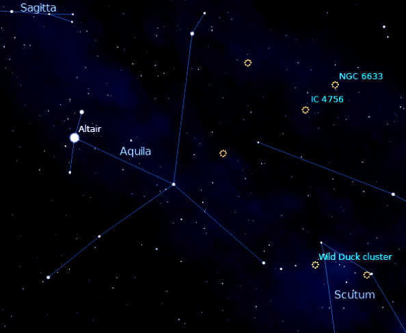 Finder chart for M11, the Wild Duck Cluster, Created using Stellarium.