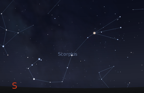 Scorpius at 10 p.m. tonight from near 45 degrees north.  Created using Stellarium.