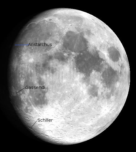 The moon with craters Aristarchus, Gassendi and Schiller.  Image from Virtual Moon Atlas.