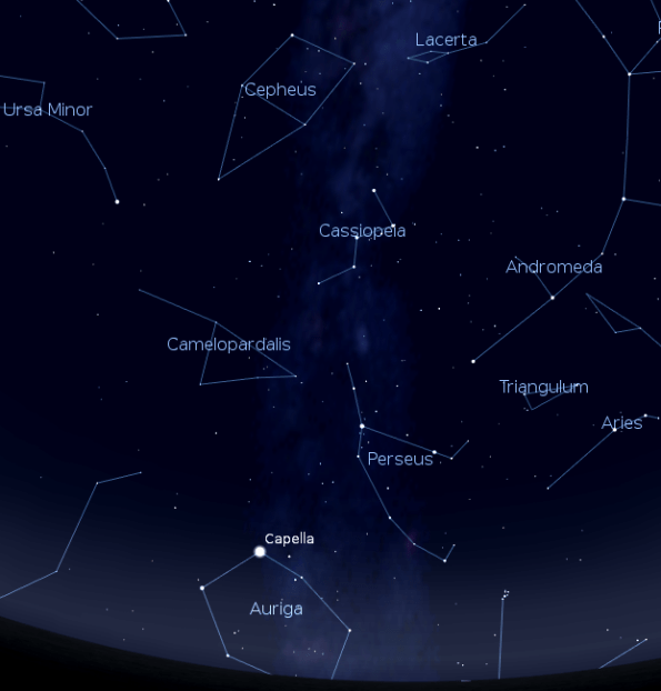 The constellation Cassiopeia and its neighbors. Created using Stellarium.