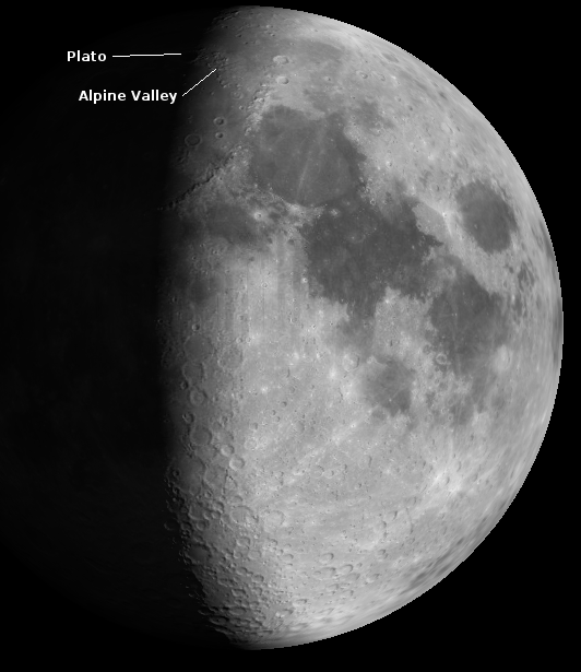 Moon 1 day after first quarter. Created using Virtual Moon Atlas