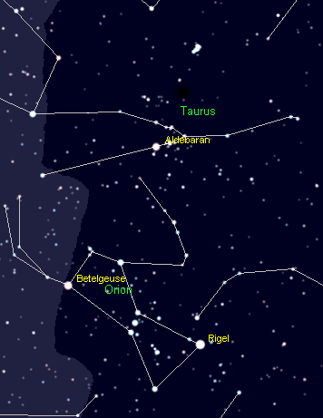 The constellations Taurus and Orion and the Pleiades.  Created using Cartes du Ciel.