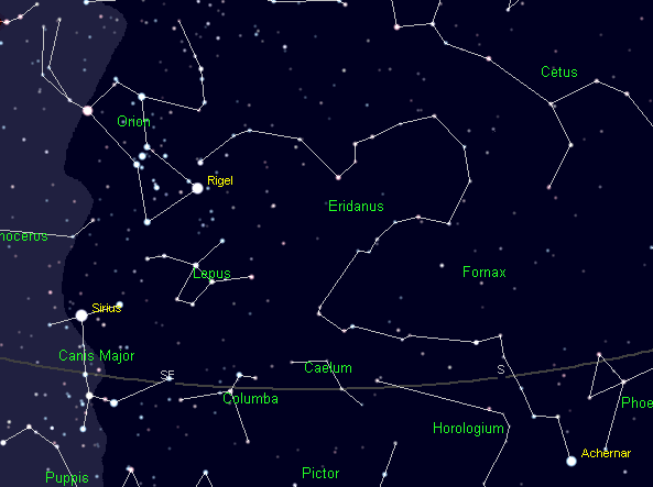 The constellation Eridanus the river, both above and below the horizon.  Created using Cartes du Ciel.