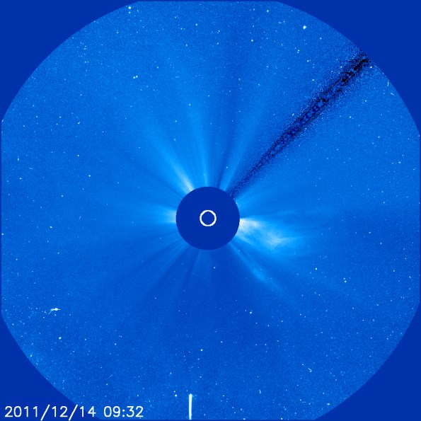 Lovejoy-SOHO-LASCO-12-14-11-AM Comet Lovejoy entering at the bottom of the frame. Courtesy SOHO, ESA, NASA
