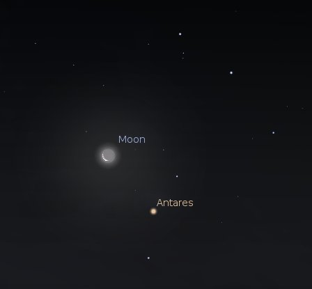 The Moon passes Antares in the morning hours of January 19, 2012.  Created using Stellarium.
