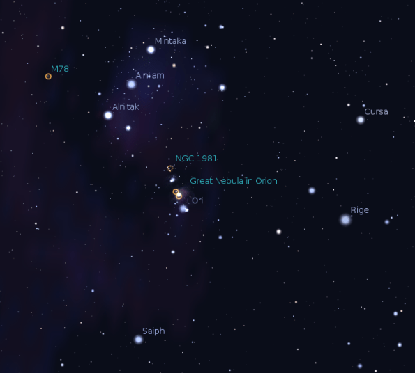 The lower part of Orion with the Great Orion Nebula. Created using Stellarium.