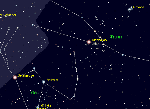 The Hyades, Orion and the Pleiades. Created using Cartes du Ciel