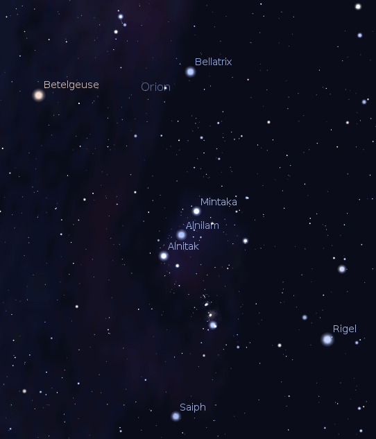 Torso of Orion centered on his belt. Created using Stellarium.