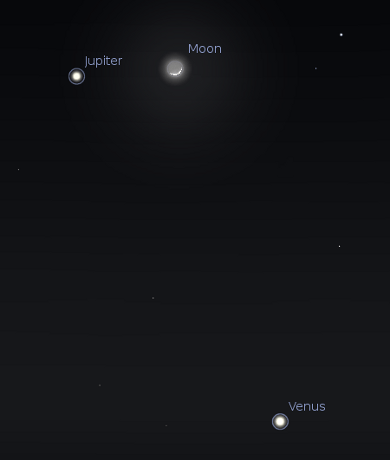 The moon will pass Jupiter, seen at 10 p.m. February 26, 2012.  Created using Stellarium.
