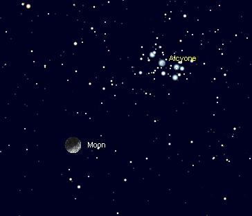 Moon_Pleiades_02-28-12_2219 The moon south of the Pleiades at 10:19 p.m. February 28, 2012 from Michigan . Chart created using Cartes du Ciel (Sky Charts)