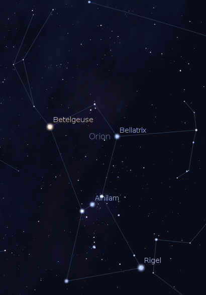 Orion upright and due south. Created using Stellarium.