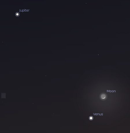 The moon will pass above Venus at 7 p.m. Saturday February 25, 2012.  Created using Stellarium.