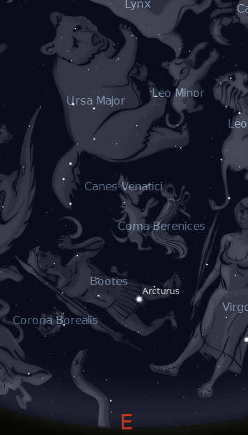 Bootes & Ursa Major at 10 p.m. on April 13, 2012.  Created using Stellarium.