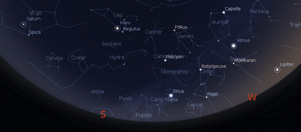 The sky and the evening planets at 9:30 p.m. on April 18, 2012.  Created using Stellarium.