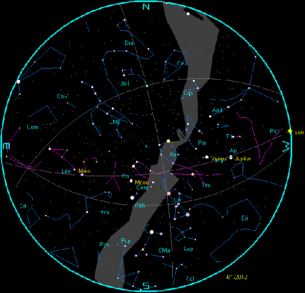 Animation of the planets and moon at sunset for April 2012
