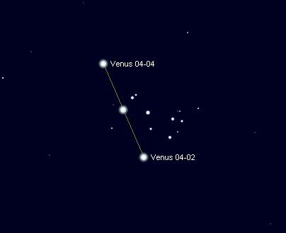 VenusPleiades_04-02 to 04 2012 Venus passing the Pleiades April 2 - 4, 2012. Created using Cartes du Ciel.