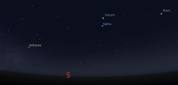 Antares and Mars at 11 p.m. on June 12, 2012.  Created using Stellarium.