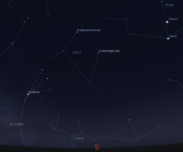The constellation Libra on June 15, 2012 at 11 p.m. Created using Stellarium.