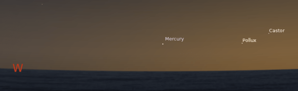 Mercury with the bright stars Pollux and Castor at 10:30 p.m. June 28, 2012.  Created using Stellarium.