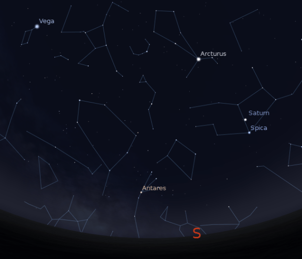 Red (Antares), White (Vega) and Blue (Spica) stars of spring.  Created using Stellarium.