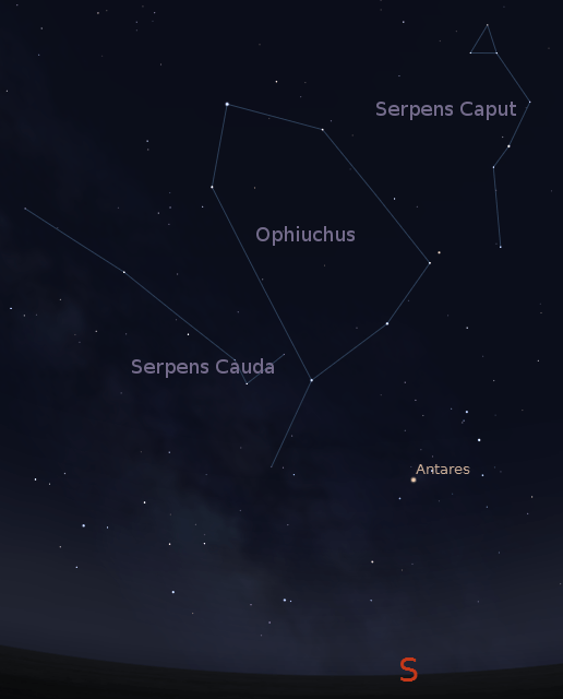 Ophiuchus and Serpens July 10, 2012 at 11 p.m.. Created using Stellarium.