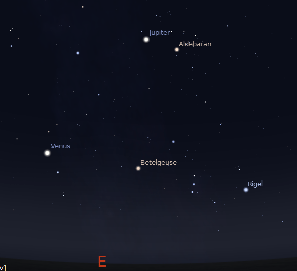 Looking east at 5 a.m. August 16, 2012.  Created using Stellarium.