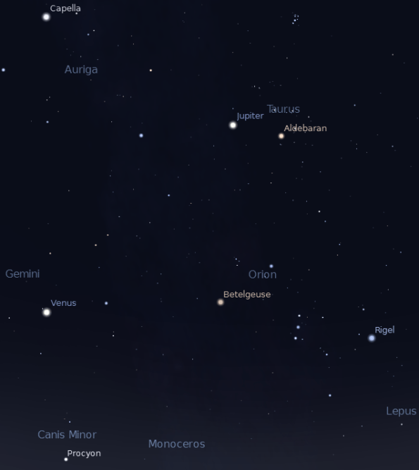 SkyAt0530on082312 Venus, Jupiter and the winter stars at 5:30 a.m. on August 23rd.