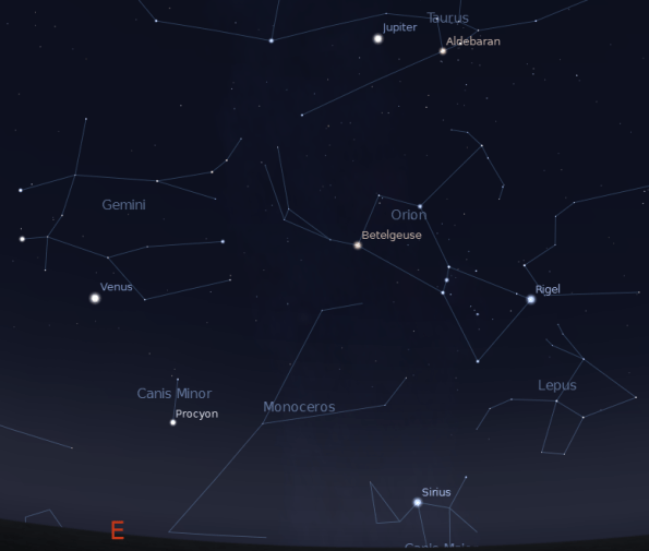 SkyAt0530on083012 Jupiter, Venus and the stars of winter rising at 5:30 a.m. on August 30, 2012. Created using Stellarium.