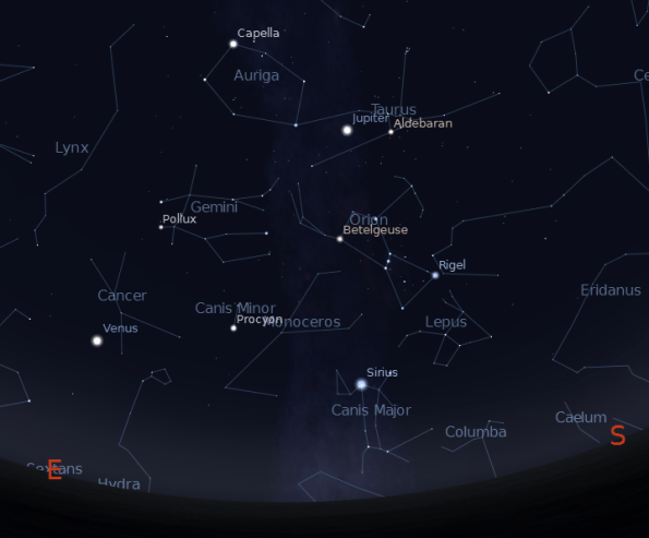 Jupiter and Venus among the star of winter at 6 a.m. on September 20, 2012.  Created using Stellarium.