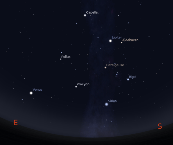 The winter stars in the morning with Jupiter and Venus on September 27, 2012 at 6 a.m.  Created using Stellarium.