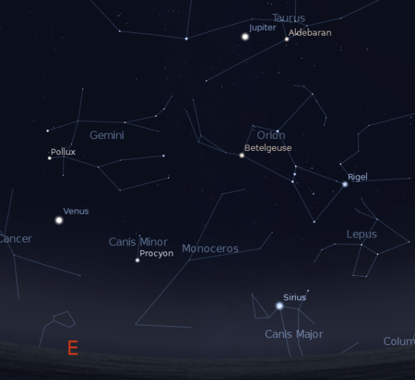 Jupiter, Venus and a preview of the stars and constellations of winter.  Created using Stellarium.