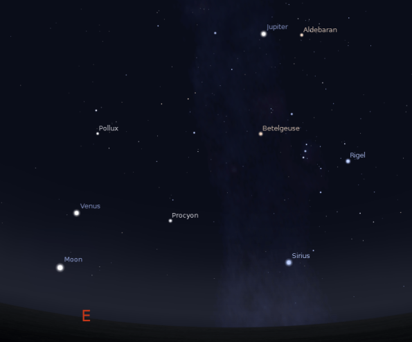 The planets Venus and Jupiter among the winter stars visible ay 5:30 a.m. September 13, 2012.  Created using Stellarium.