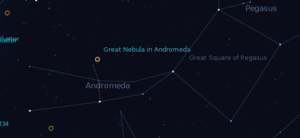 Andromeda at 9 p.m. with the Great Andromeda Galaxy.  Created using Stellarium.