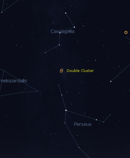 Chart for finding the Double cluster in October.  Created using Stellarium.