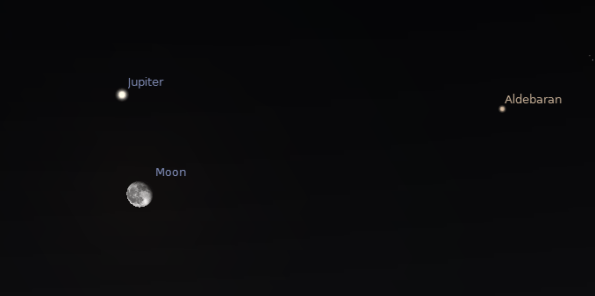 Jupiter and the moon at 10 p.m. November 1, 2012.  Created using Stellarium.