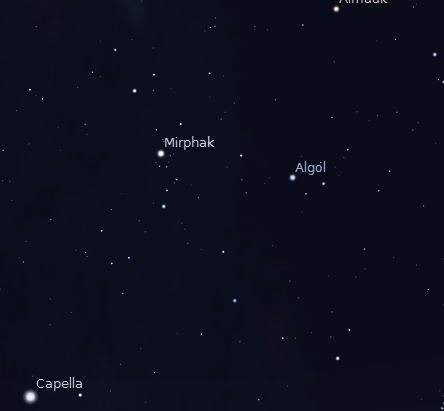 The constellation Perseus in the northeast at 10 p.m. on October 18, 2012. Created using Stellarium.
