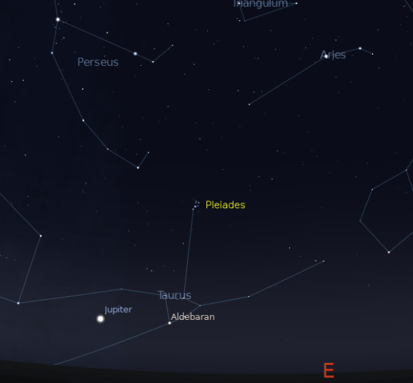 Pleiades_2200_10162012 Pleiades and Jupiter at 10 p.m. October 16, 2012. Created using Stellarium.