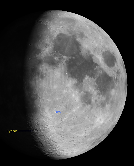 The crater Tycho and one of its rays at 9 p.m. on October 23 2012.  Created using Virtual Moon Atlas.