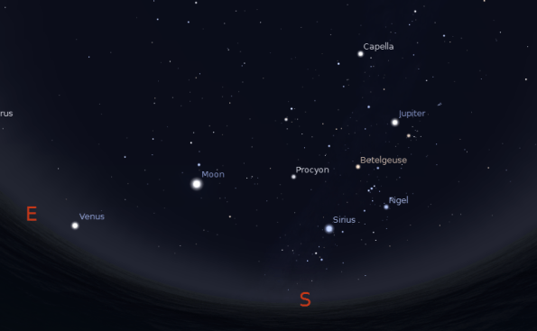 Jupiter and Venus with the winter stars at 5 a.m. November 8, 2012.  Created using Stellarium.