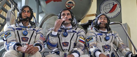 Astronaut Sunita Williams and her crew mates Russian cosmonaut Yury Malenchenko and Japanese astronaut Aki Hoshide