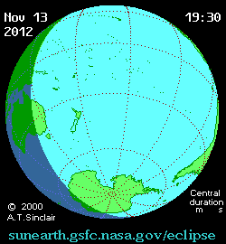 November 13-14 total solar eclipse animation.  Courtesy NASA, A. T. Sinclair. 