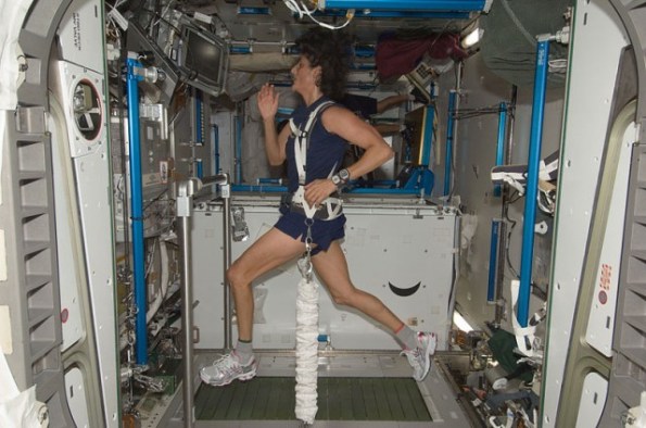 Sunny Williams doing the running leg of a triathlon aboard the ISS.