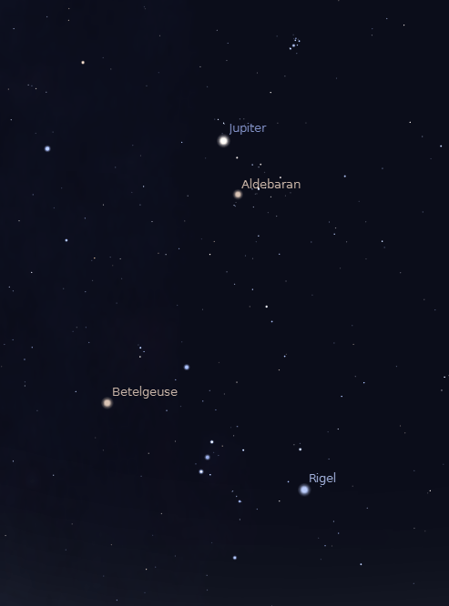 Jupiter and the winter stars in the east southeast at 9 p.m. December 19, 2012.