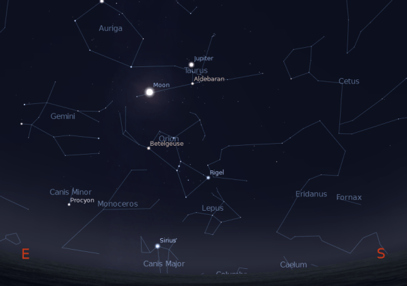 Jupiter, the bright moon and the winter stars and constellations