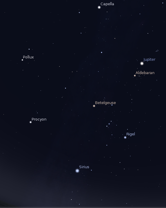 Jupiter and the winter circle of bright winter stars