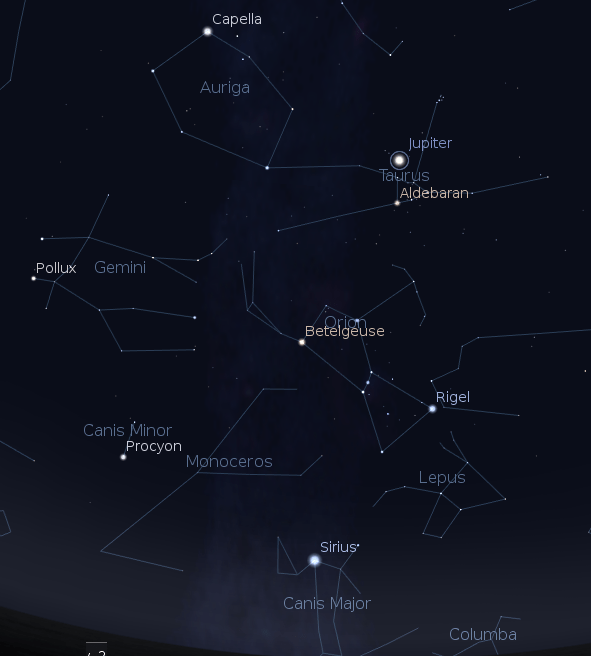 Jupiter and the winter stars and constellations