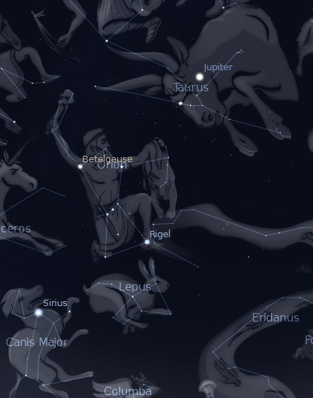 Orion facing Taurus letting Lepus escape with Jupiter in 2013.  