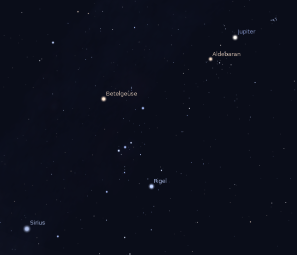Jupiter and the stars of Taurus and Orion