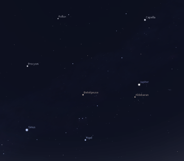 Jupiter with the stars of winter in a moon brightened sky